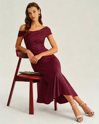 Women's Knitted Polyester Midi Dress Wine Red Dresses - RIHOAS