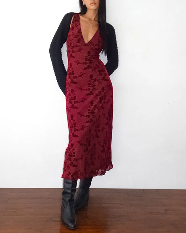 Women's Knitted Polyester Midi  Dress Wine Red Dresses - RIHOAS