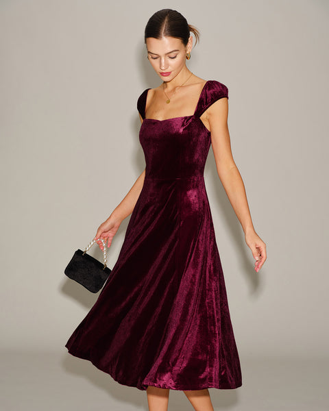 Rihoas Burgundy Velvet Midi Dress Cap Sleeve Square Neck for Winter Wedding Guest, Cocktail Parties, Wine Red / M