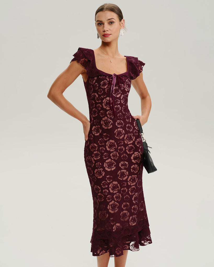 Women's Knitted Polyester Midi Dress Wine Red Dresses - RIHOAS