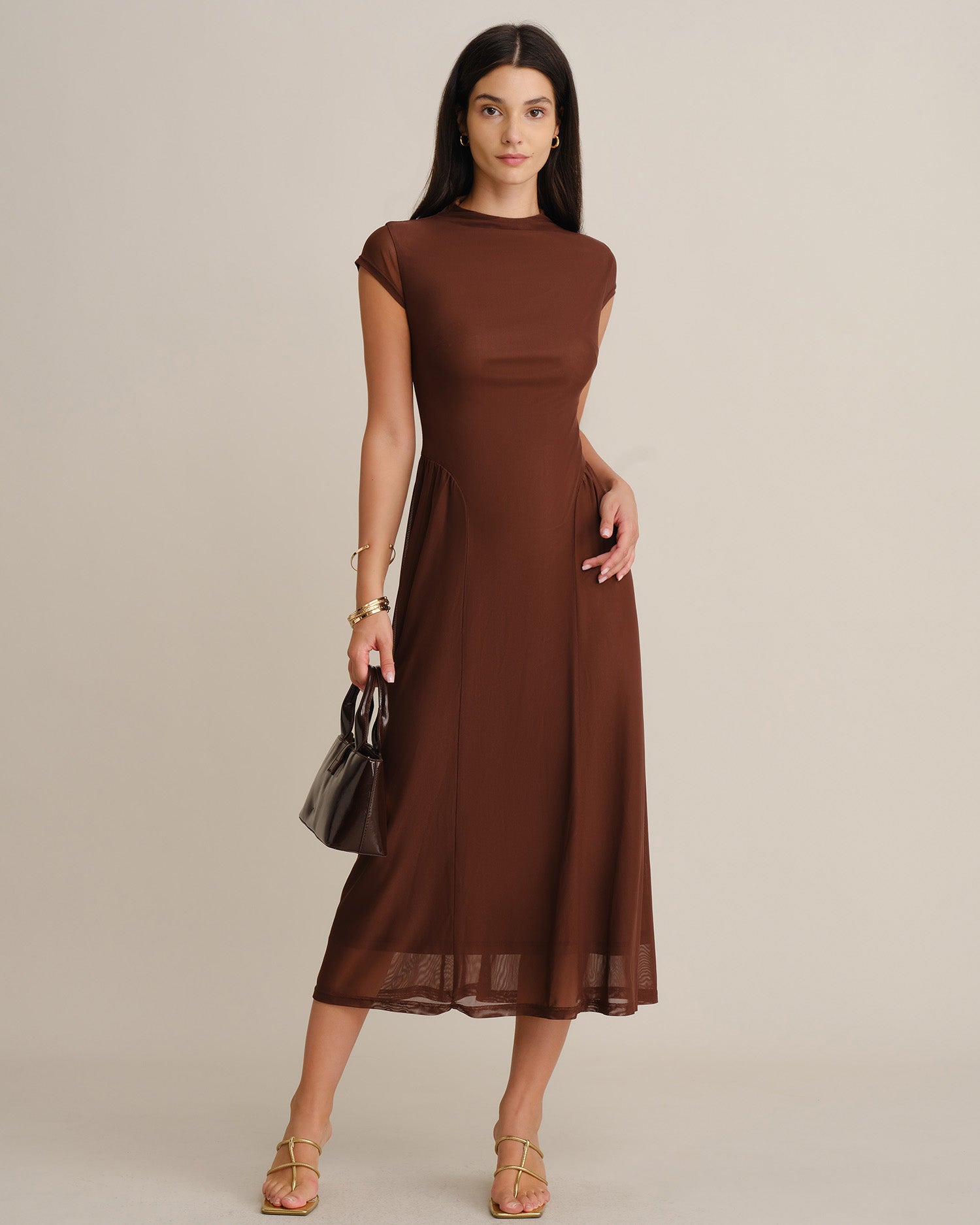 Women's Knitted Polyester Midi Dresses Coffee - RIHOAS