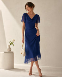 Navy Cowl Neck Mesh Midi Dress Navy - RIHOAS