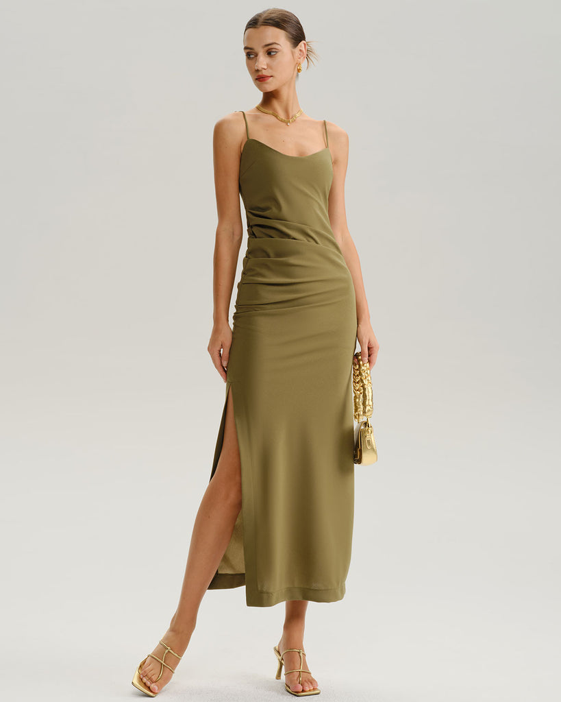 Women's knitted Polyester Midi Dresses Green Dresses - RIHOAS