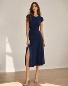 Women's Knitted Polyester Midi Dresses Navy - RIHOAS