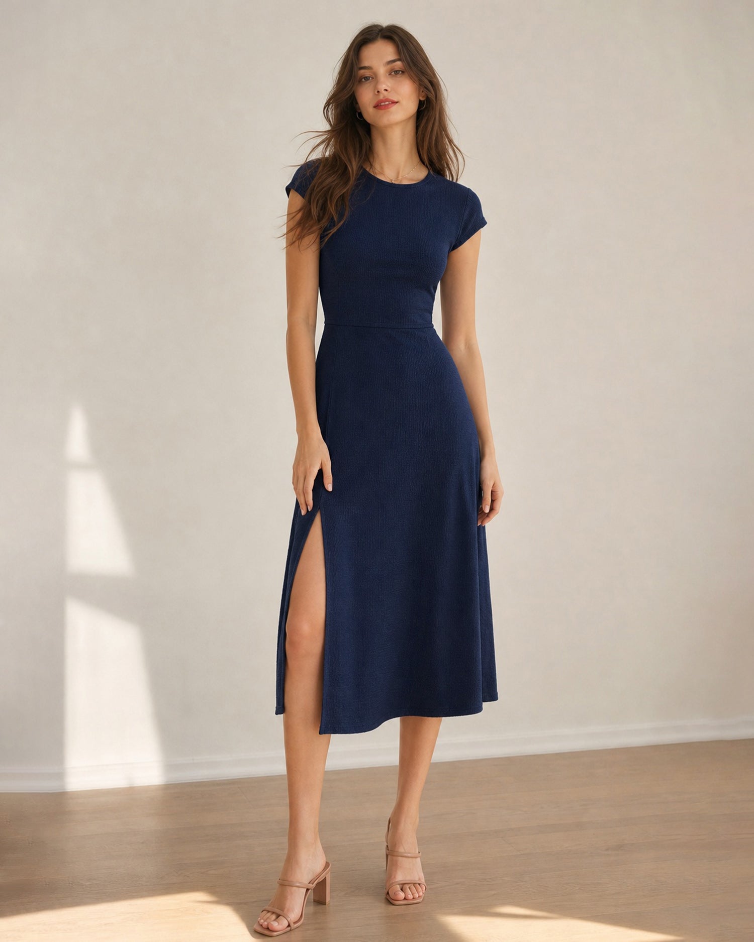 Women's Knitted Polyester Midi Dresses Navy - RIHOAS