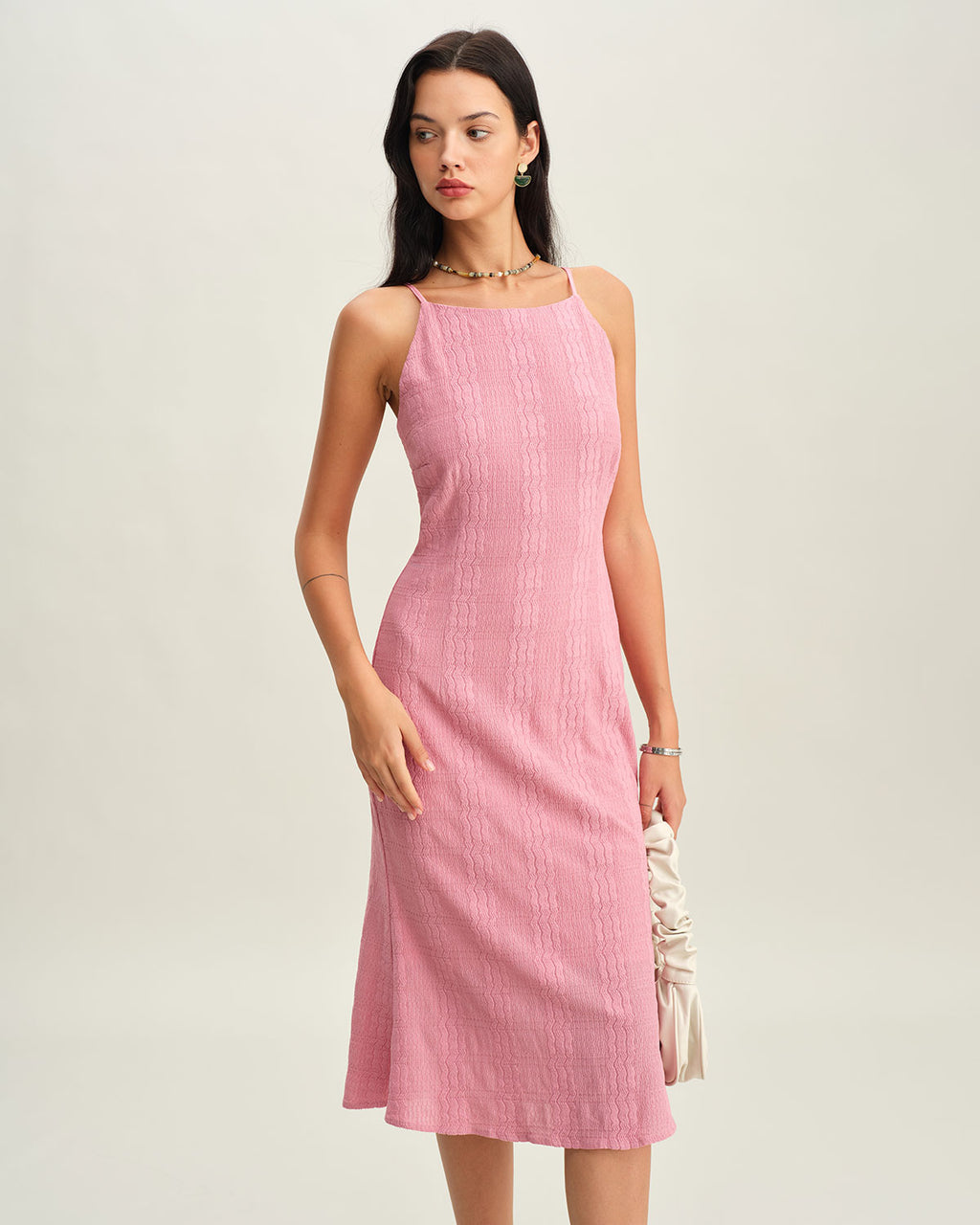 Women's Knitted Polyester Midi Dresses Pink Dresses - RIHOAS