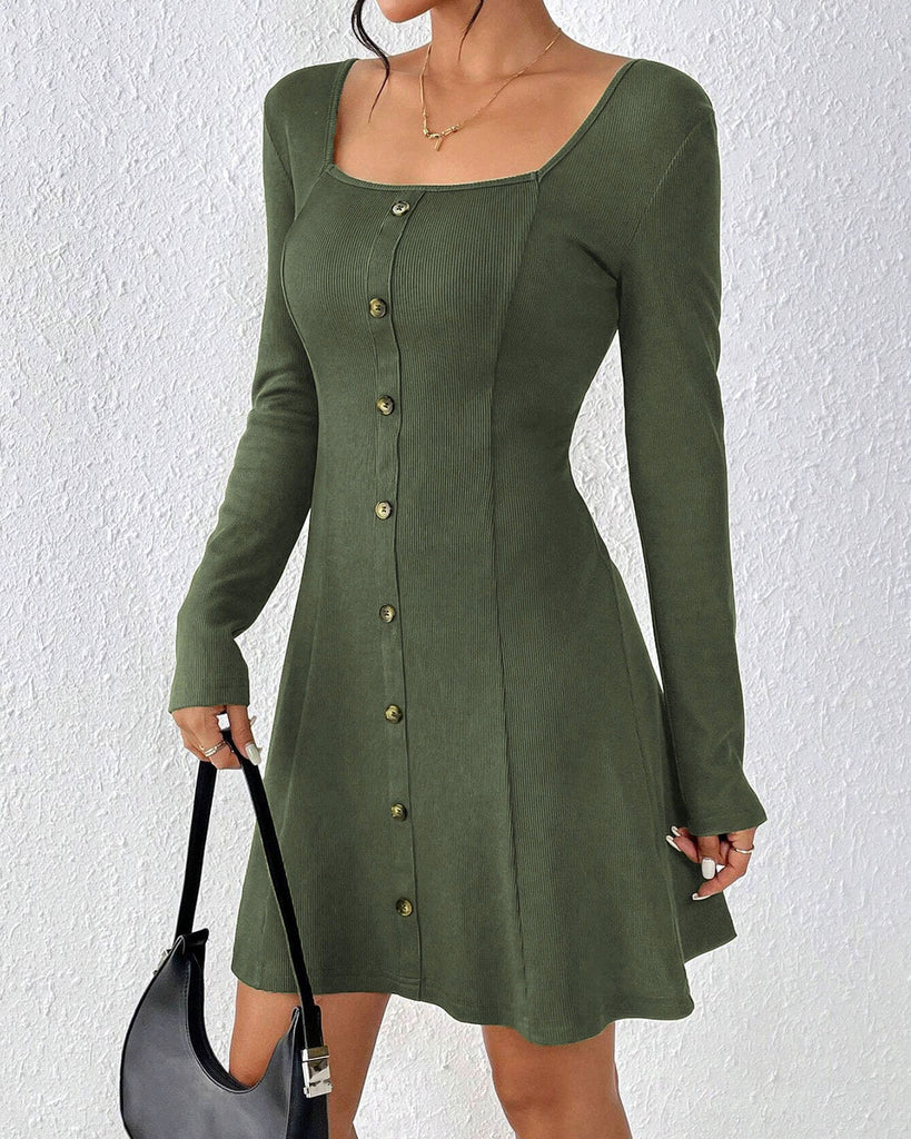 Women's Knitted Polyester Mini Dress Army Green Dresses - RIHOAS