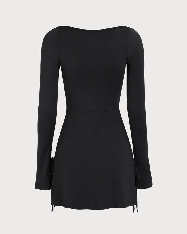Women's Black Square Neck Knitted Long Sleeve Mini Dress