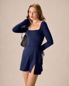 Women's Knitted Polyester Mini Dress Navy Dresses - RIHOAS