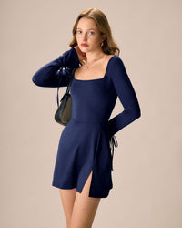 Women's Knitted Polyester Mini Dress Navy Dresses - RIHOAS
