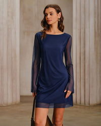 Women's Knitted Polyester Mini Dress Navy Dresses - RIHOAS
