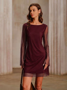 Women's Knitted Polyester Mini Dress Wine Red Dresses - RIHOAS