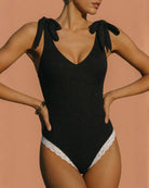 Women's Knitted Polyester One-Piece Swimsuit Black - RIHOAS