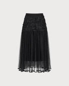 Black Elastic Waist Flowers Midi Skirt 02