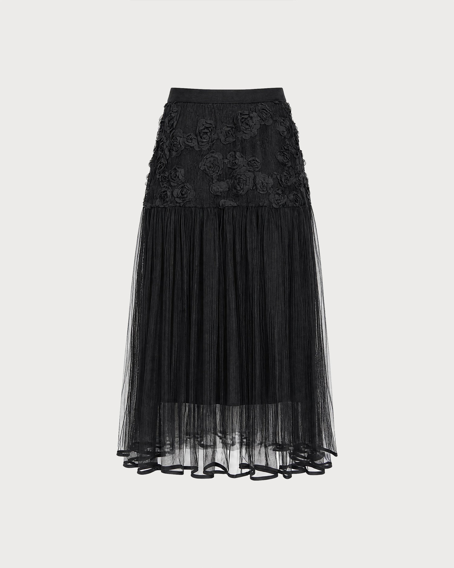Black Elastic Waist Flowers Midi Skirt 02