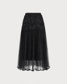 Black Elastic Waist Flowers Midi Skirt 03