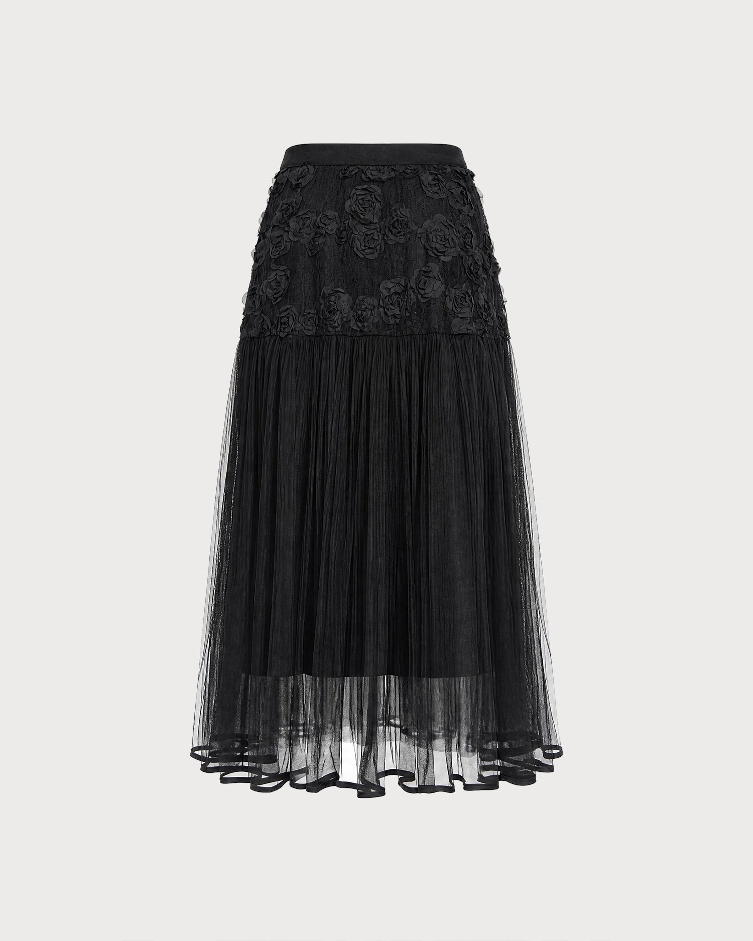 Black Elastic Waist Flowers Midi Skirt 03