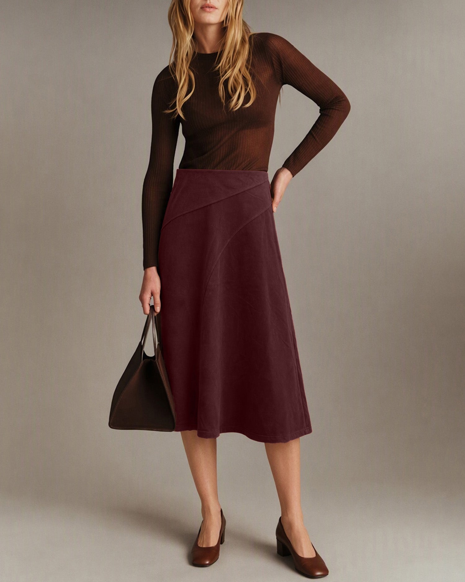 Women's Knitted Polyester Skirt Wine Red - RIHOAS
