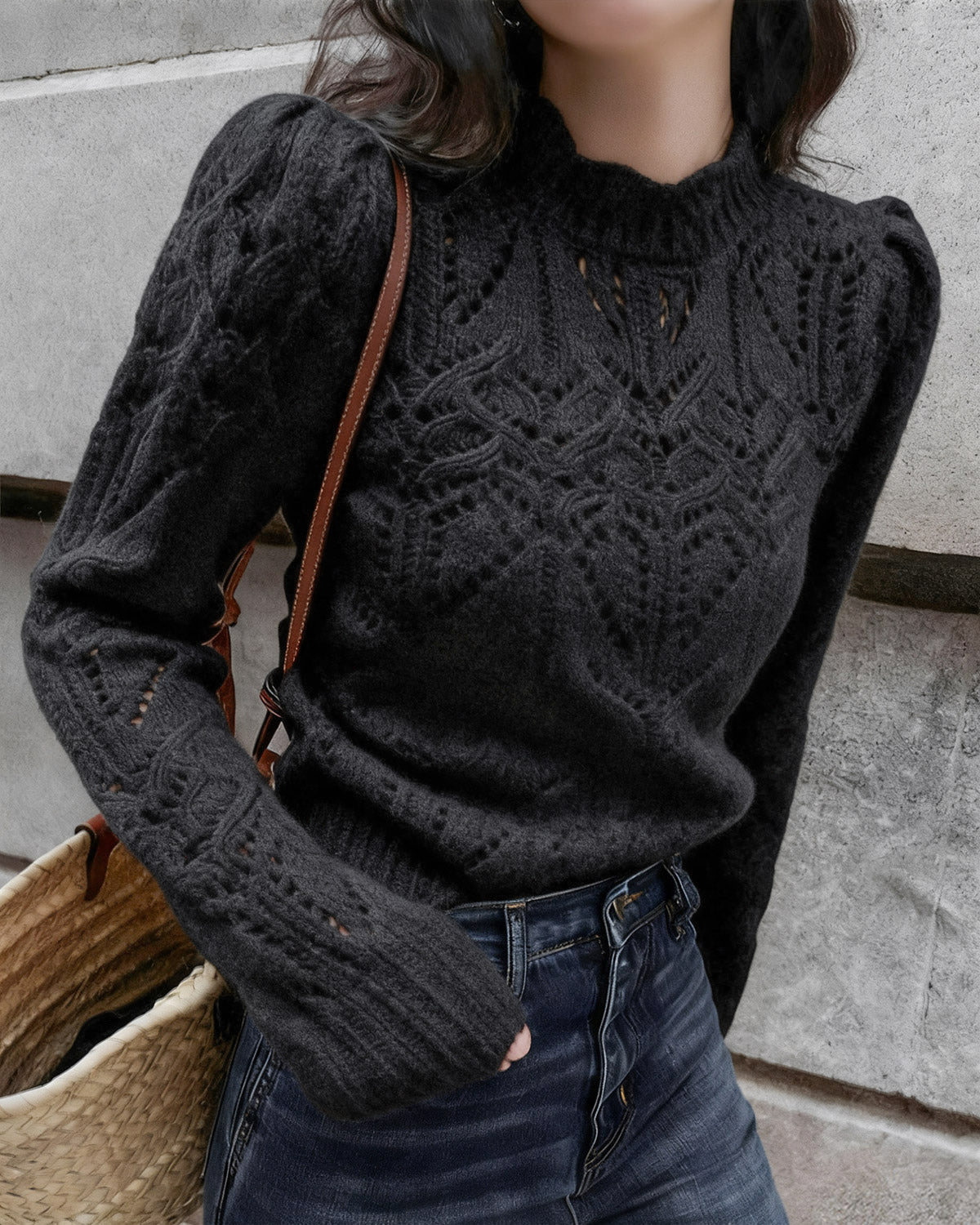 Women's Knitted Polyester Sweater Black Tops - RIHOAS