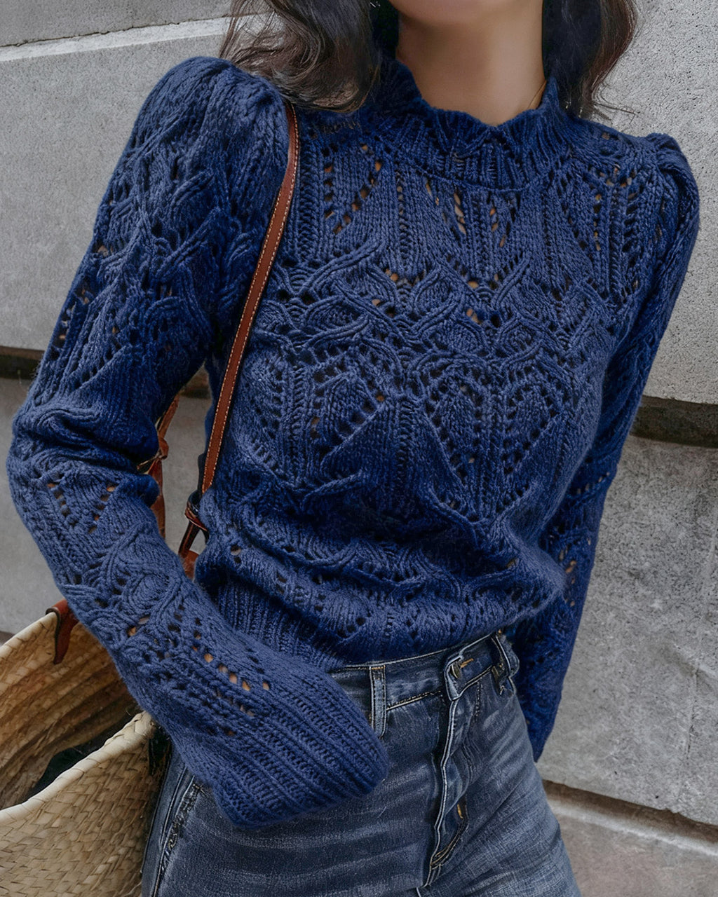 Women's Knitted Polyester Sweater Blue Tops - RIHOAS