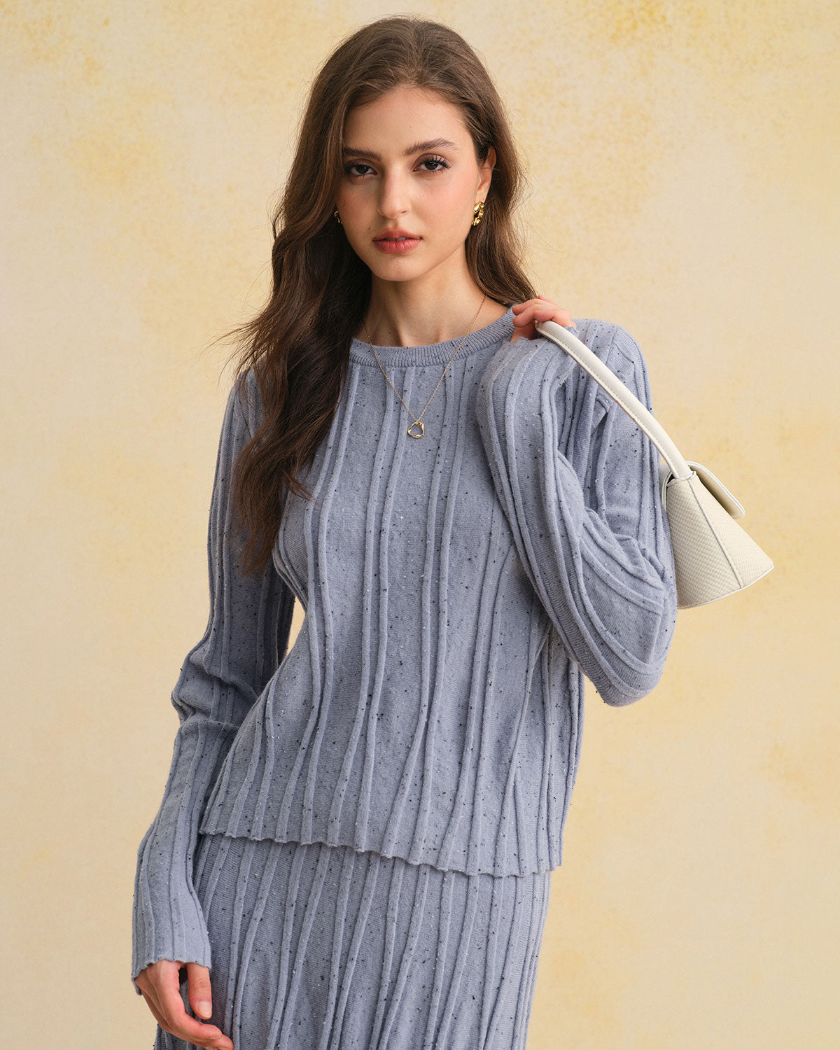 Women's Knitted Polyester Sweater Blue Tops - RIHOAS