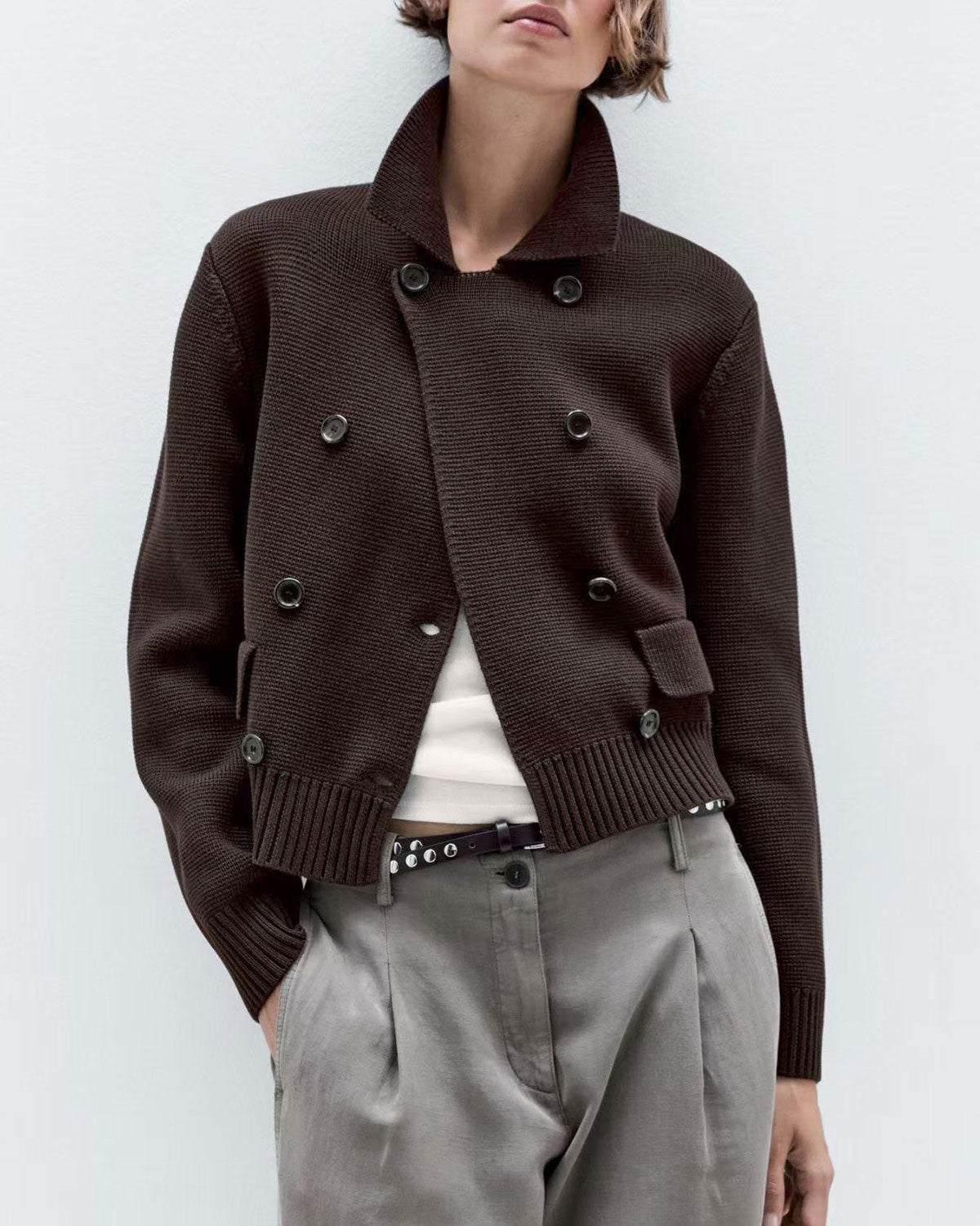 Women's Knitted Polyester Sweater Coffee Tops - RIHOAS