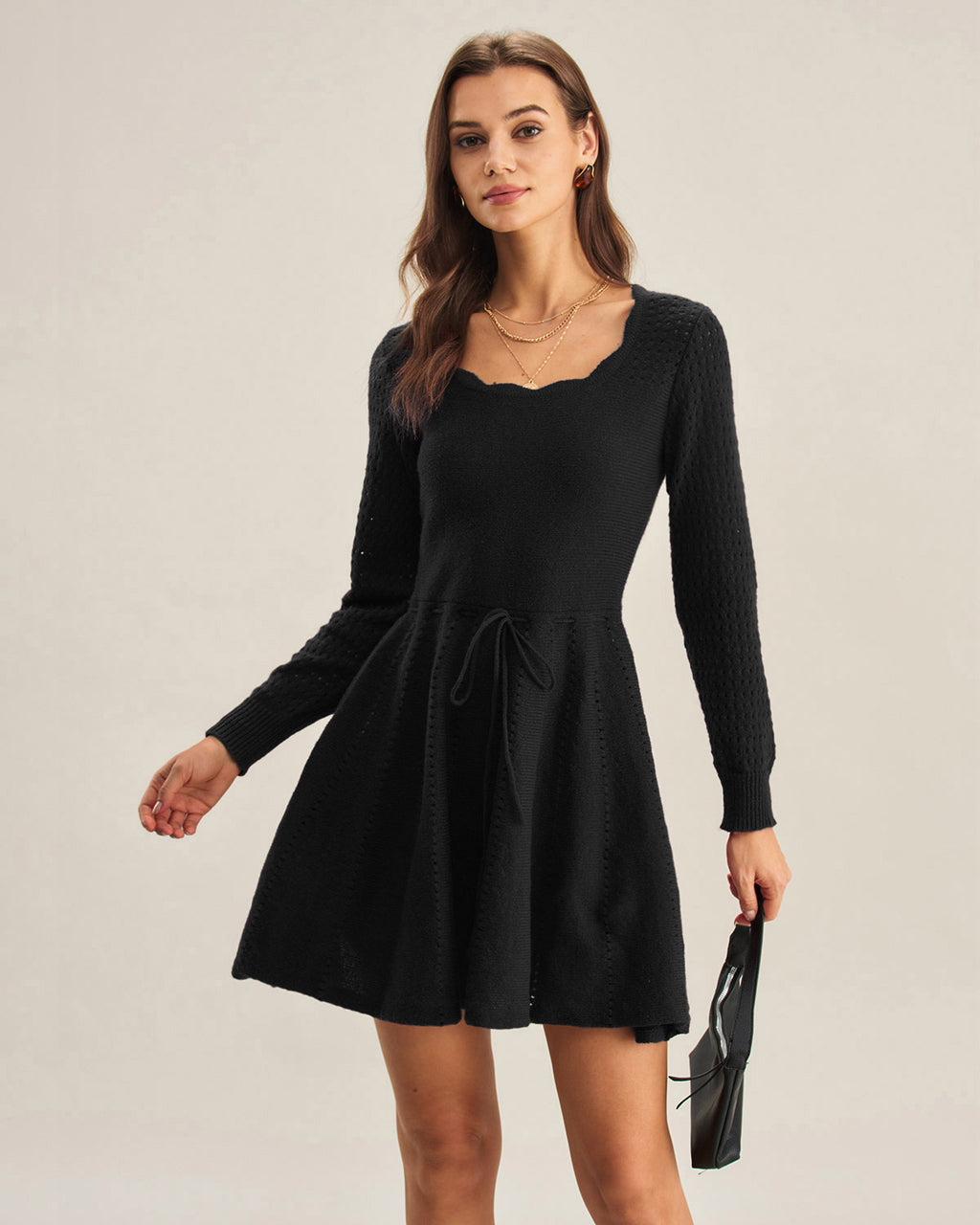 Women's Knitted Polyester Sweater Dress Black Dresses - RIHOAS