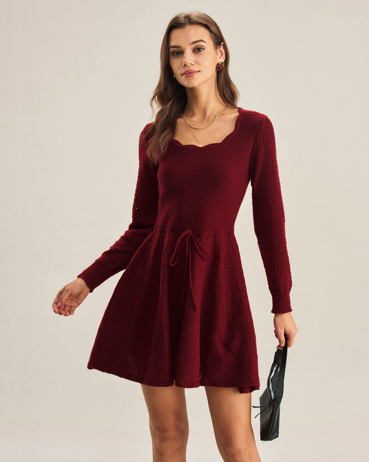 Rihoas Scalloped Neck Long Sleeve Solid Pointelle Knit Tie Waist Skater Sweater Mini Dress, Wine Red / L