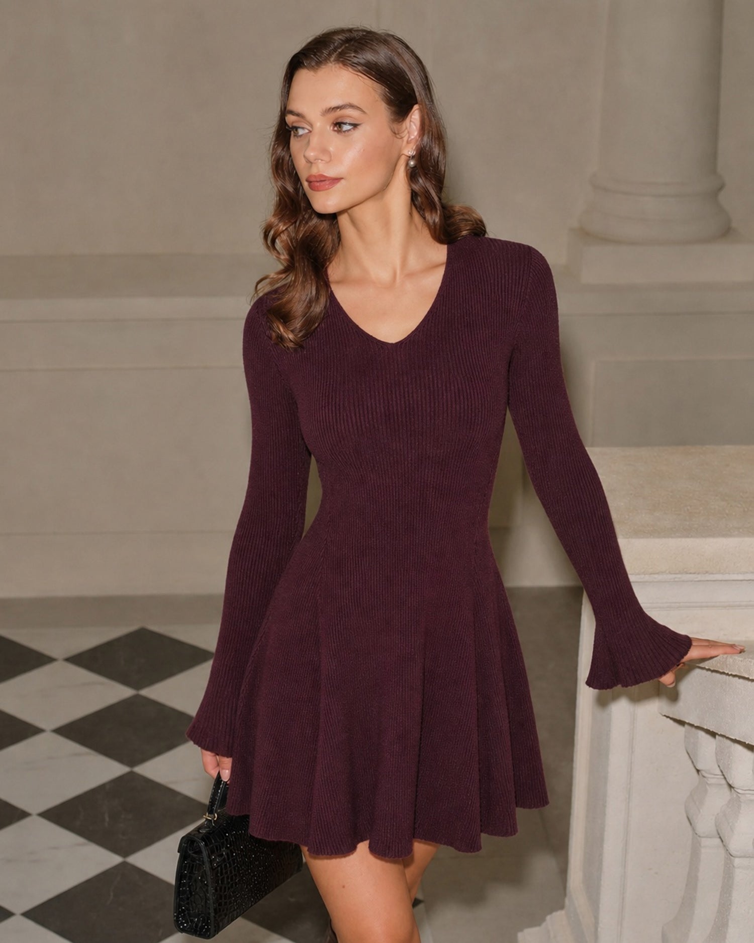 Women's Knitted Polyester Sweater Dress Purple - RIHOAS