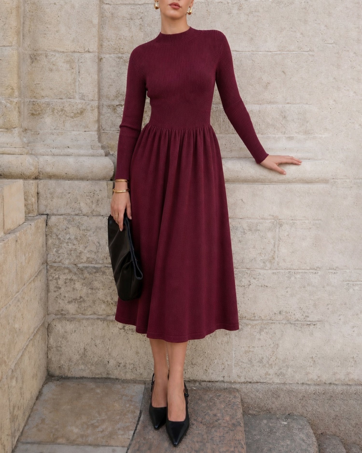 Women's Knitted Polyester Sweater Dress Red - RIHOAS