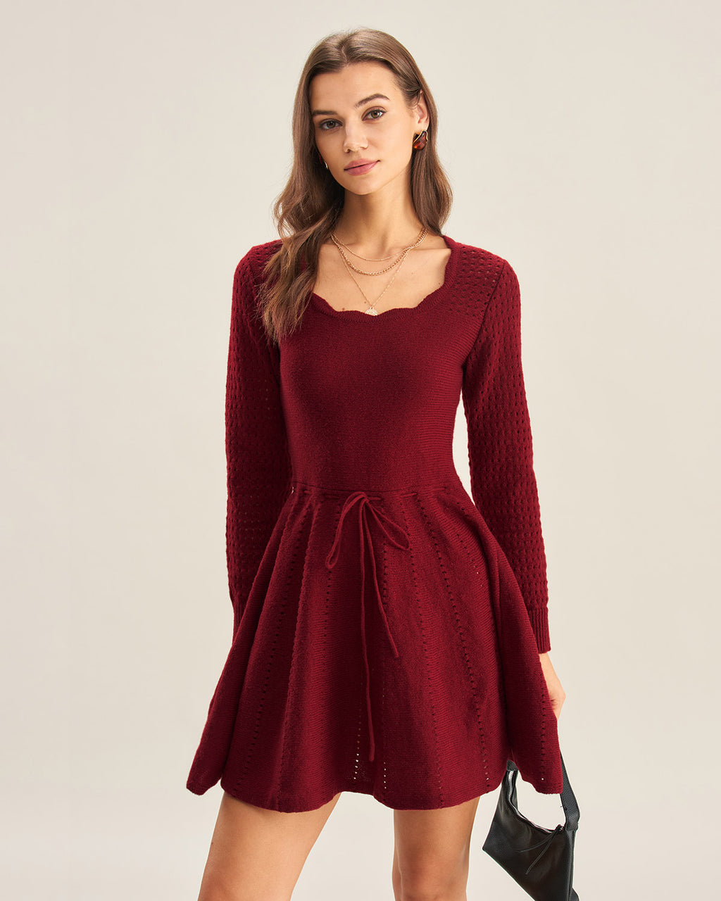 Women's Knitted Polyester Sweater Dress Wine Red Dresses - RIHOAS