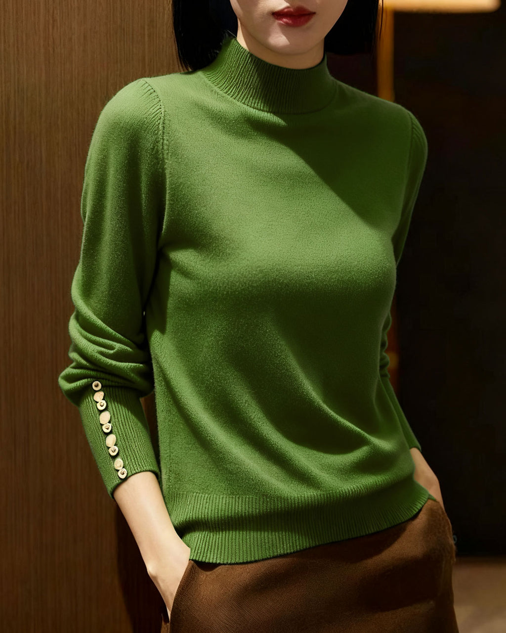 Women's Knitted Polyester Sweater Green Tops - RIHOAS