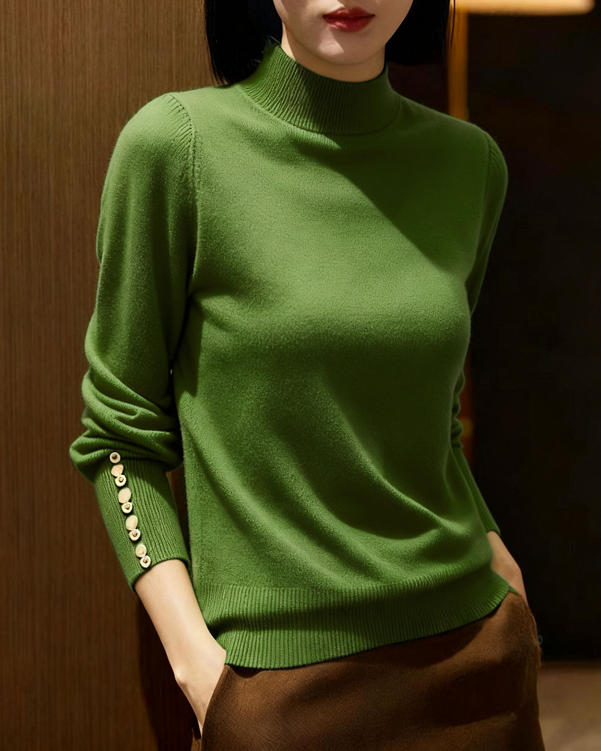 Women's Knitted Polyester Sweater Green Tops - RIHOAS