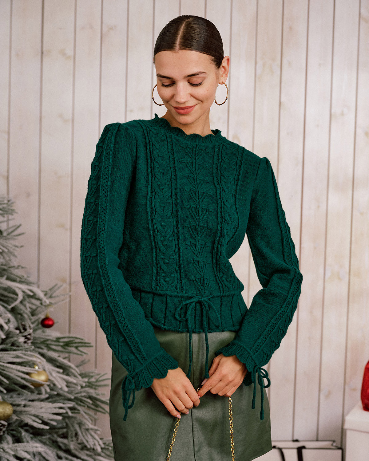 Women's Knitted Polyester Sweater Green Tops - RIHOAS