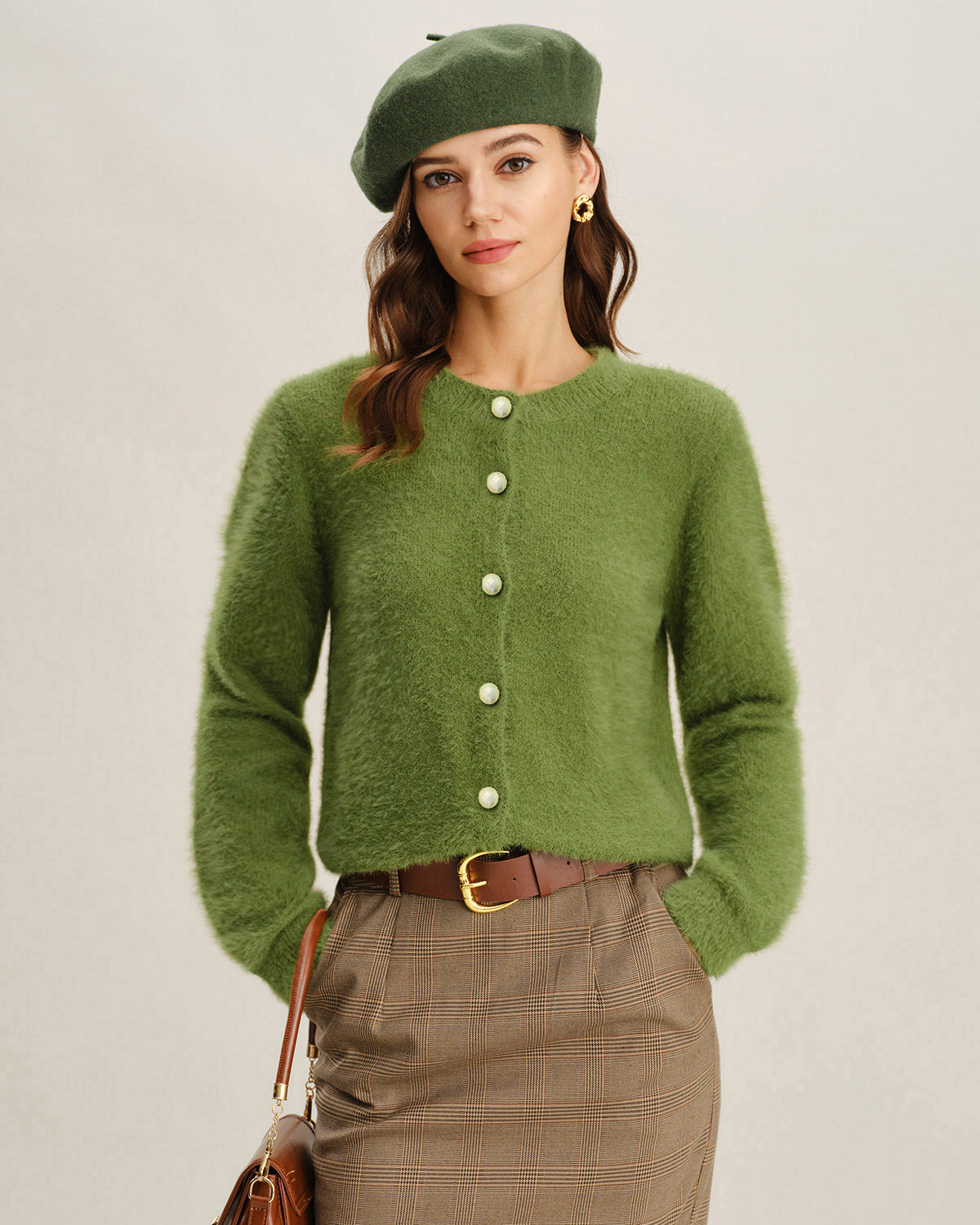 Women's Knitted Polyester Sweater Green Tops - RIHOAS
