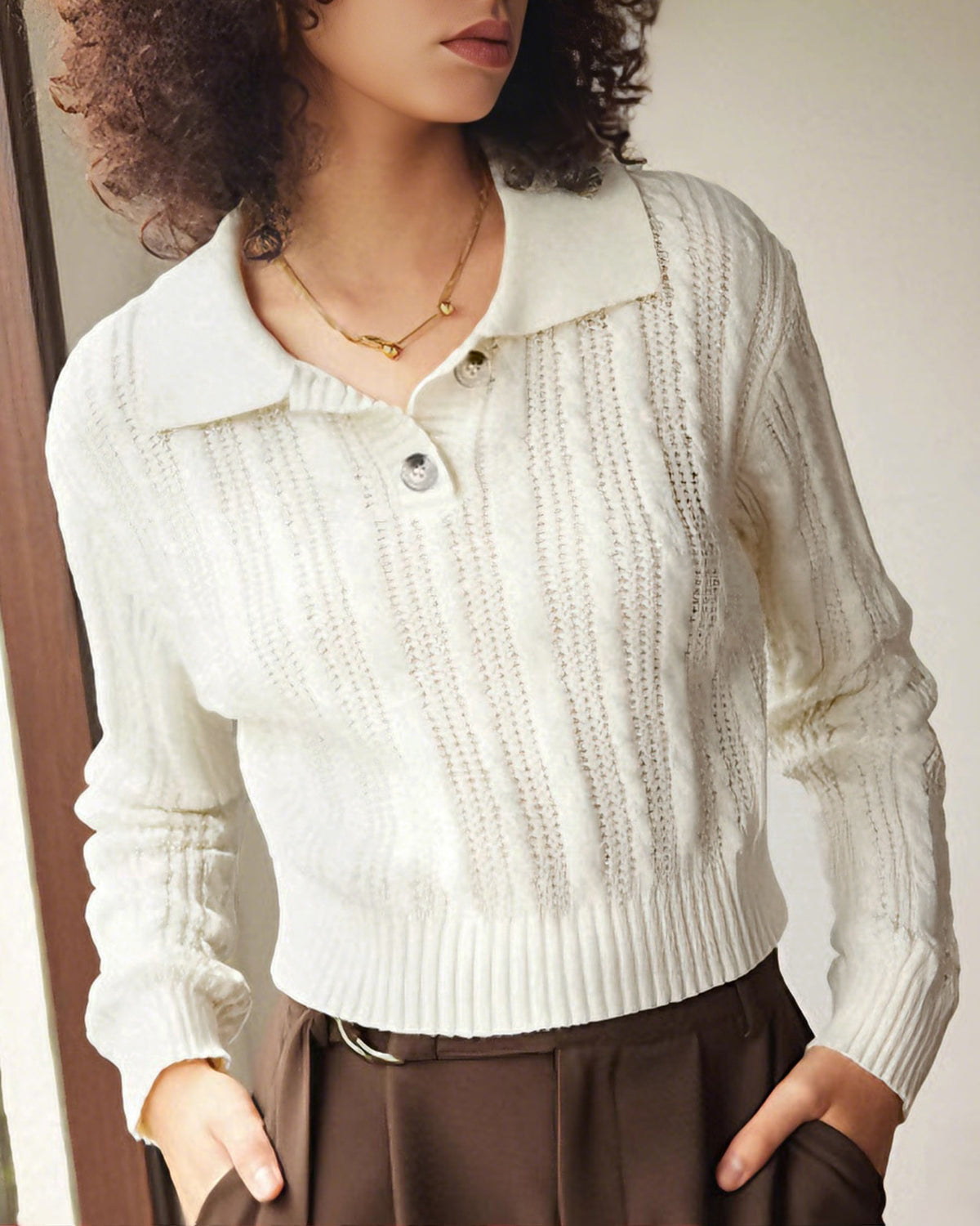 Women's Knitted Polyester Sweater Off White Tops - RIHOAS