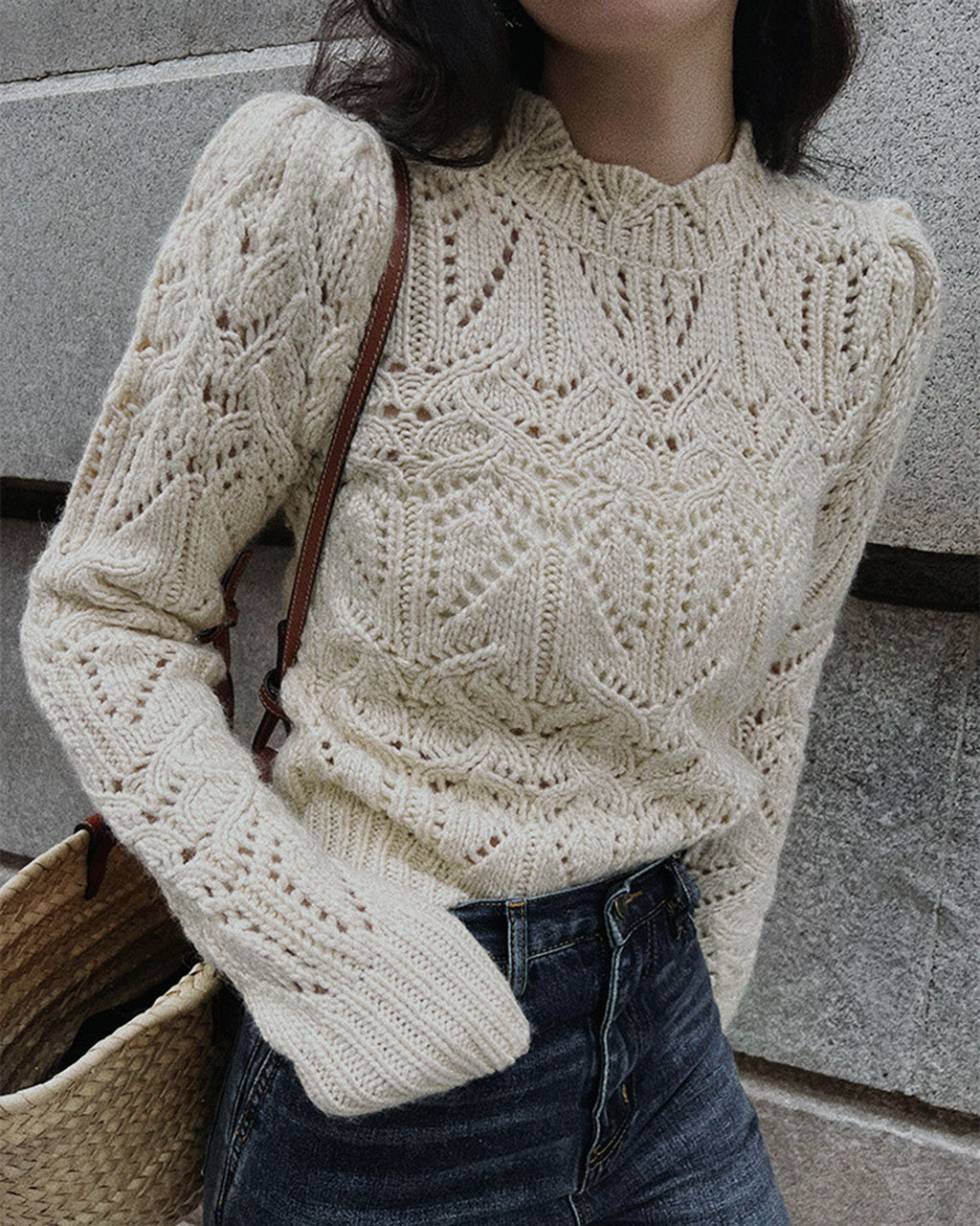 Women's Knitted Polyester Sweater Off White Tops - RIHOAS