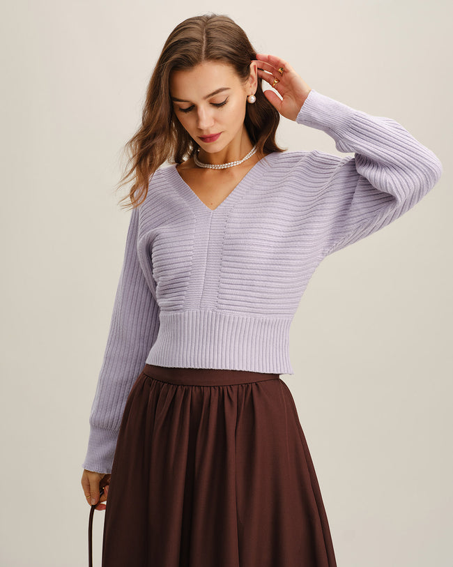 Women's Knitted Polyester Sweater Purple Tops - RIHOAS