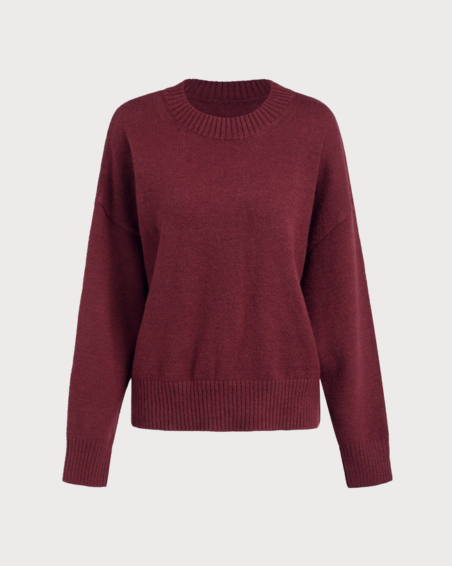 Women's Knitted Polyester Sweater Wine Red Tops - RIHOAS