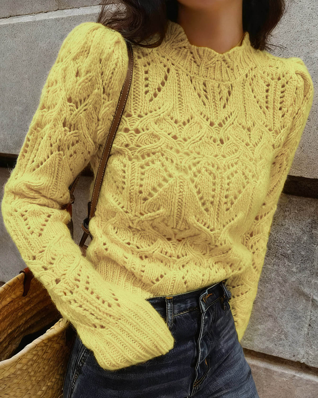 Women's Knitted Polyester Sweater Yellow Tops - RIHOAS