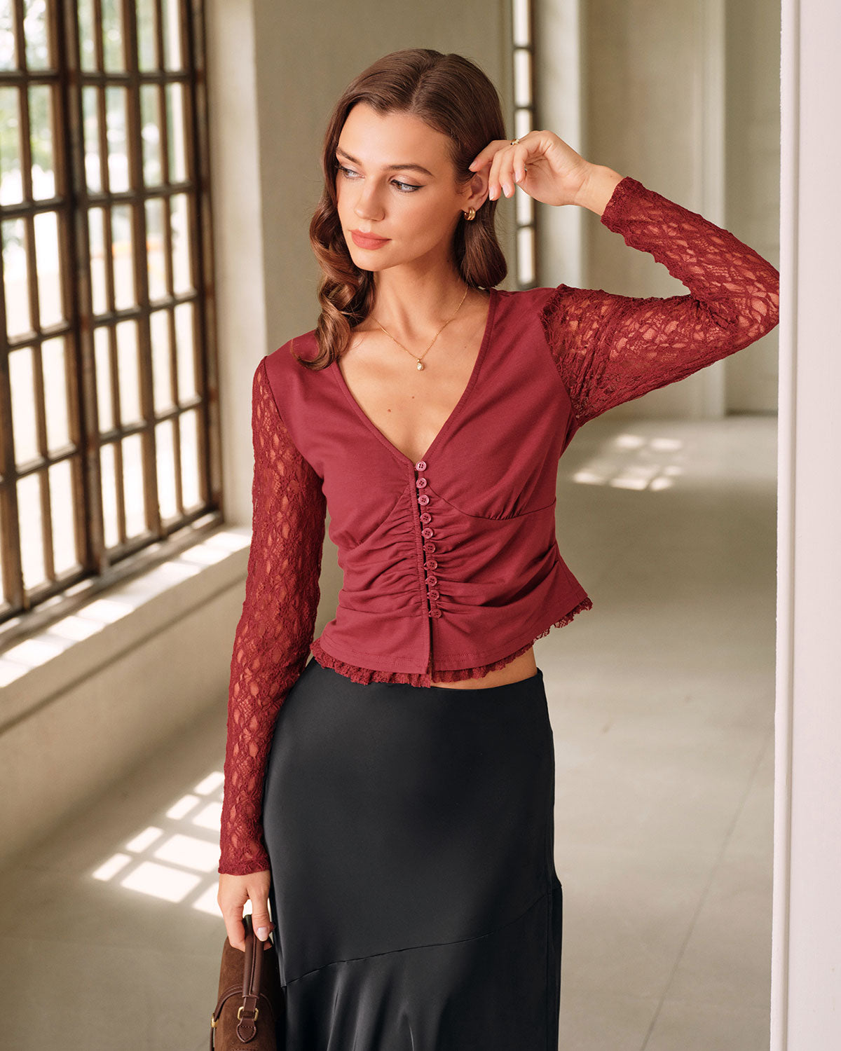 Women's knitted polyester T-shirt Red Tops - RIHOAS