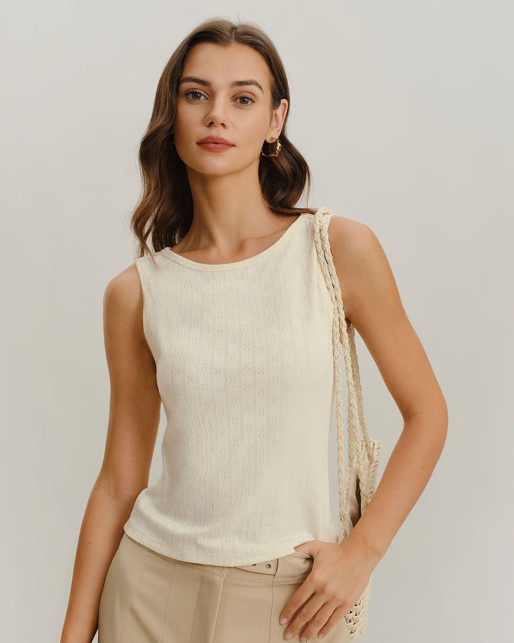 Women's Knitted Polyester Tank Tops Beige Tops - RIHOAS
