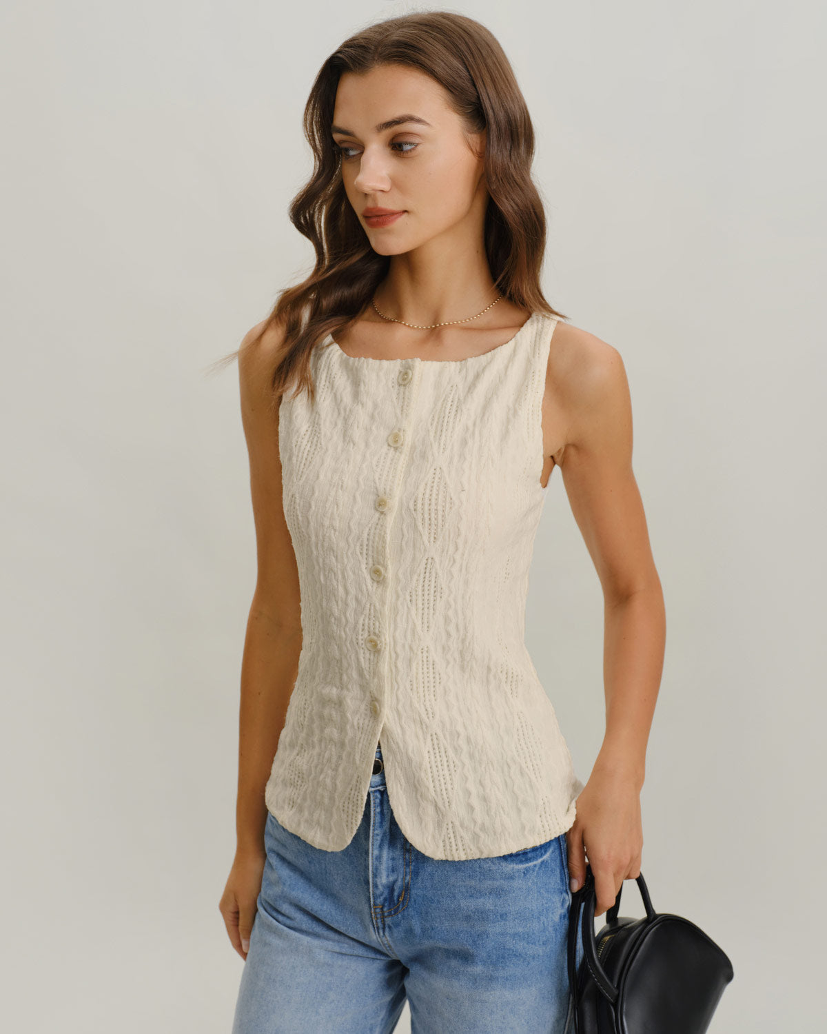 Women's Knitted Polyester Tank Tops Beige Tops - RIHOAS