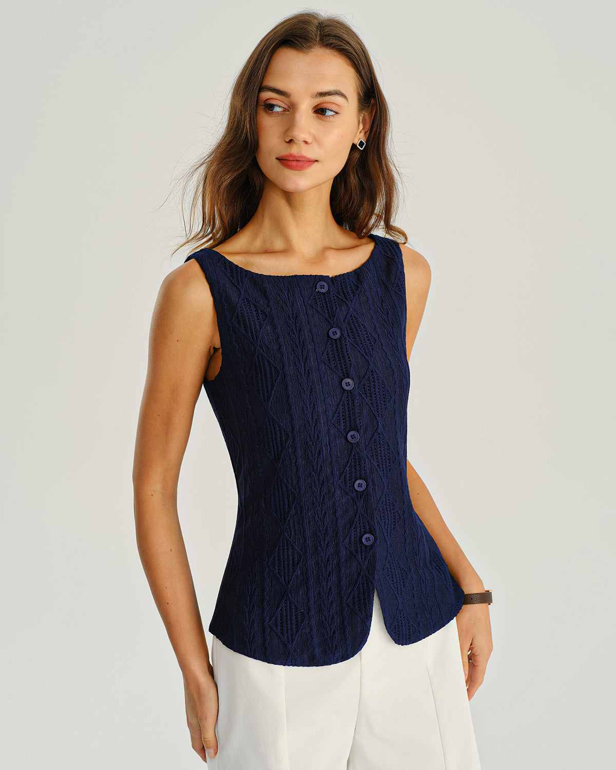 Women's Knitted Polyester Tank Tops Navy Tops - RIHOAS
