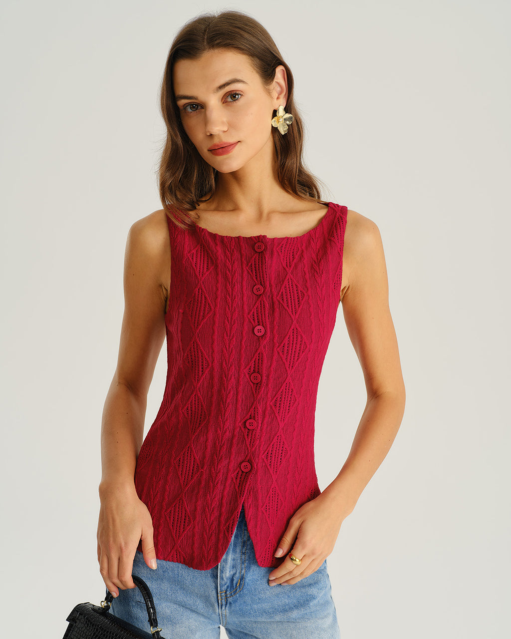 Women's Knitted Polyester Tank Tops Wine Red Tops - RIHOAS