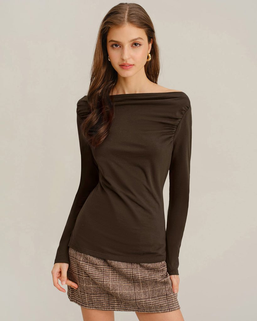 Women's Knitted Polyester Tees Coffee Tops - RIHOAS