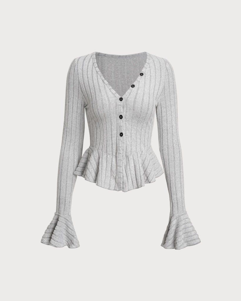 Women's Knitted Polyester Tees Grey Tops - RIHOAS