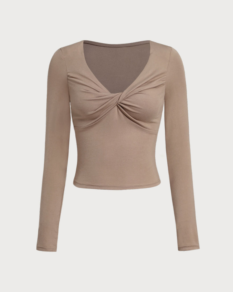 Women's Knitted Polyester Tees Khaki Tops - RIHOAS