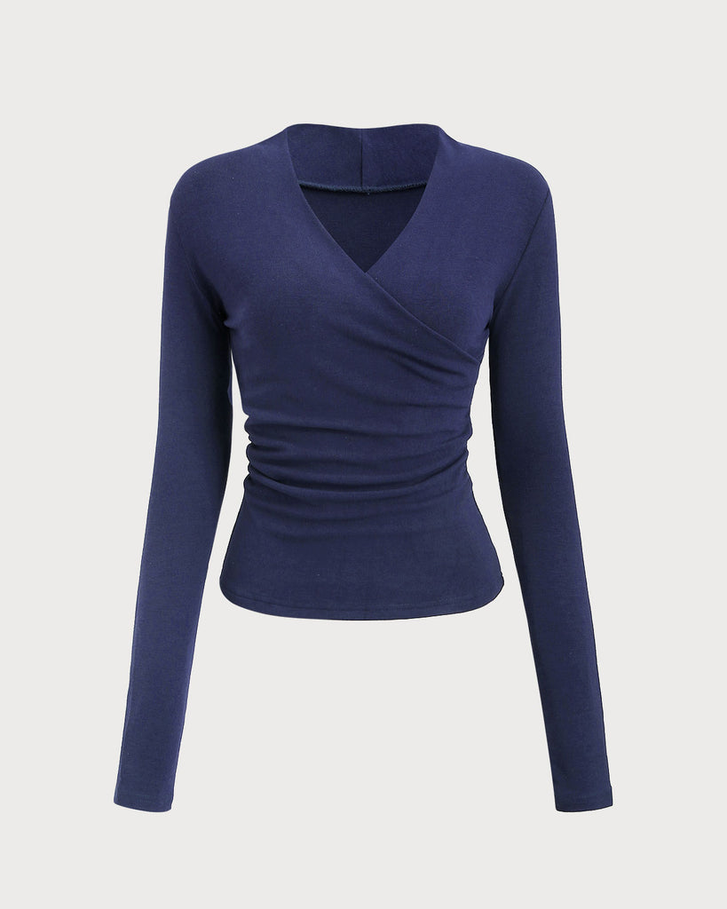 Women's Knitted Polyester Tees Navy Tops - RIHOAS
