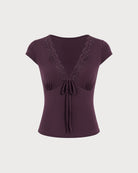 Purple V Neck Tie Lace Tee 01